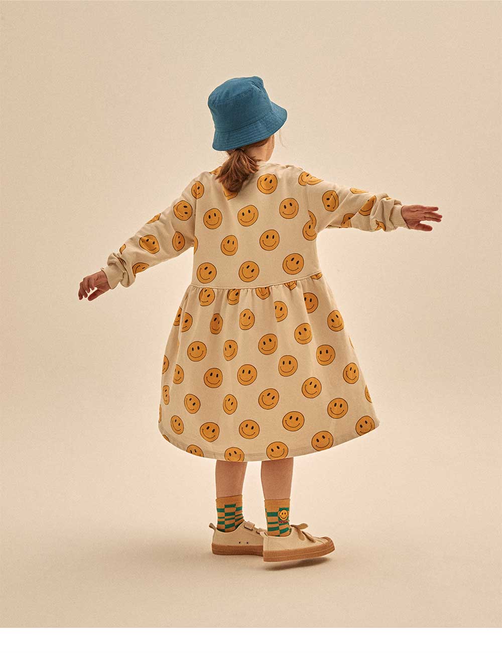 Girls Beige Smile Cotton Dress