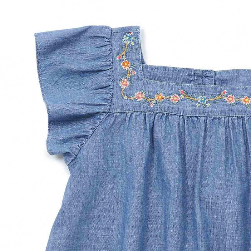 Girls Blue Embroidery Cotton Dress
