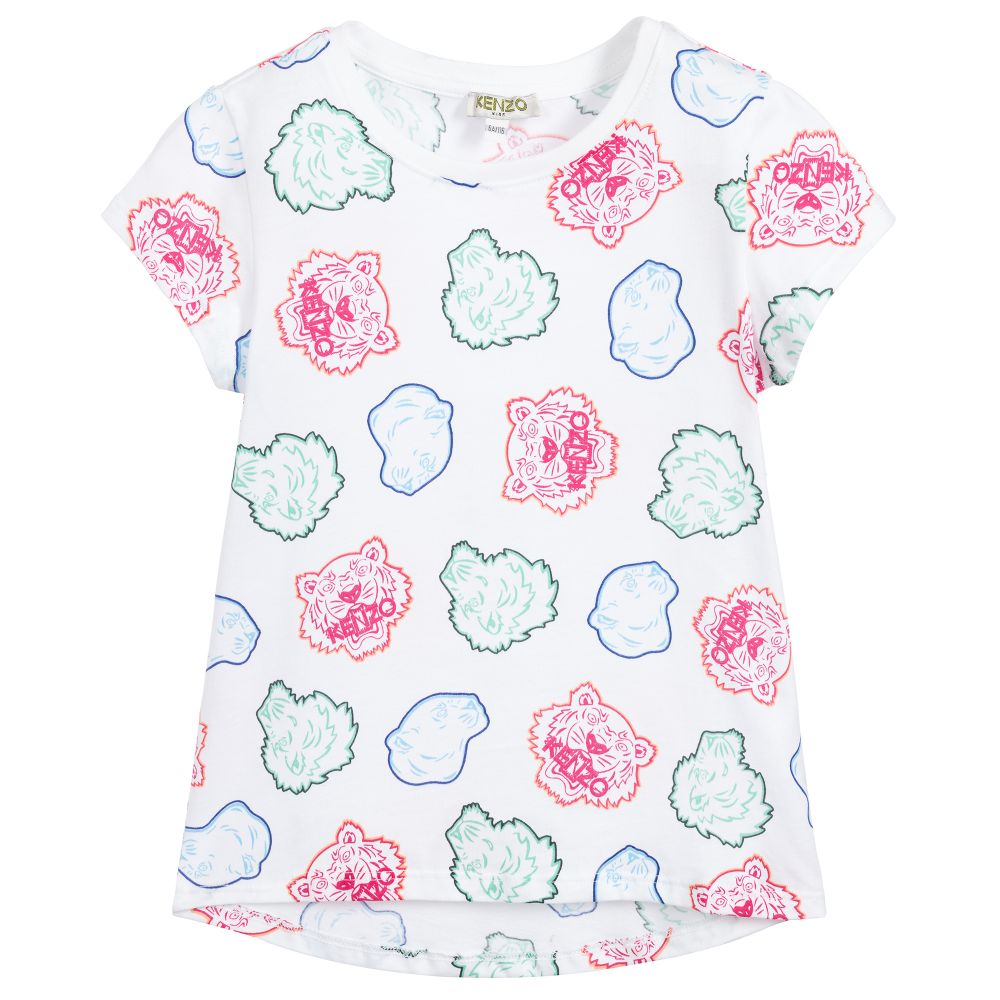 Girls White Pattern Cotton T-shirt