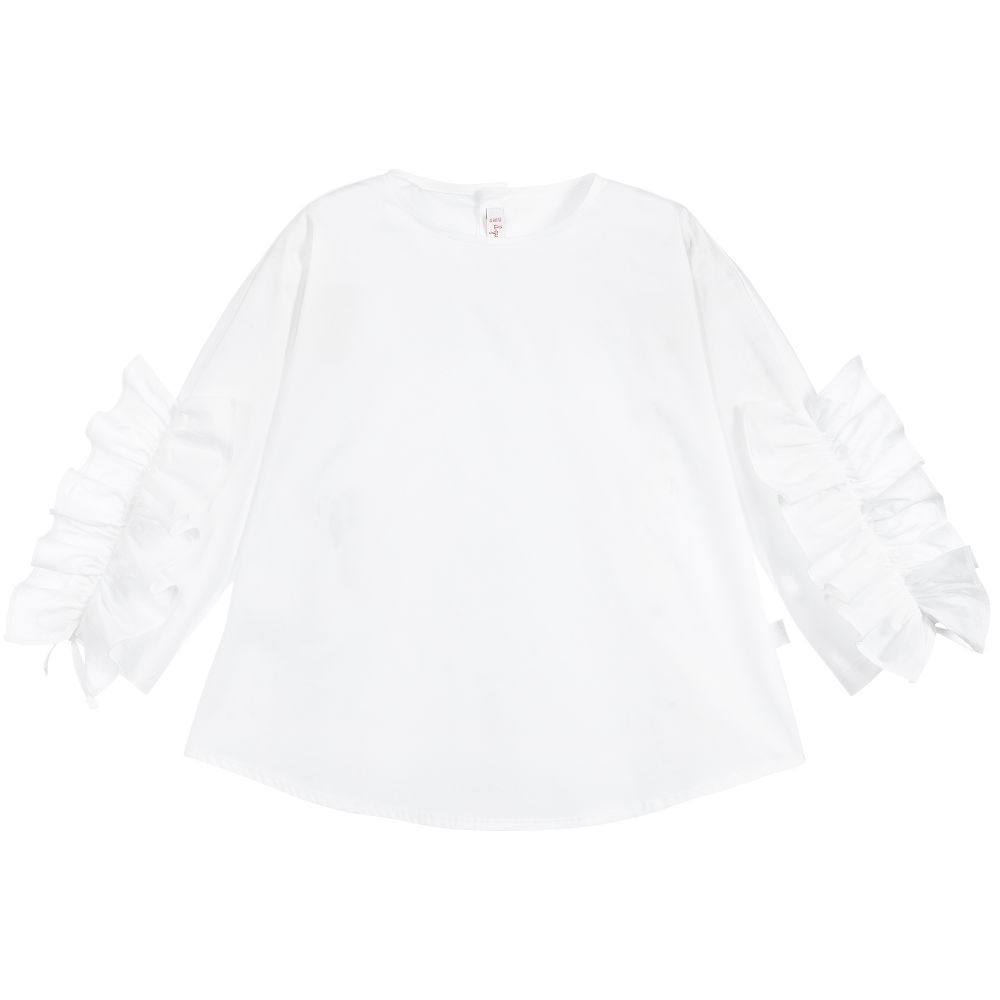 Girls White Cotton Ruffled Blouse