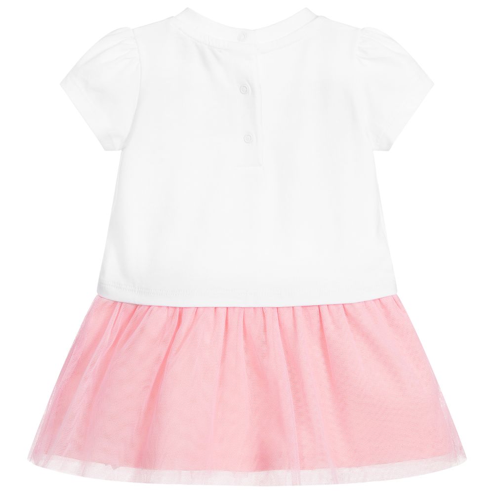 Baby Girls White & Pink Logo Cotton Dress