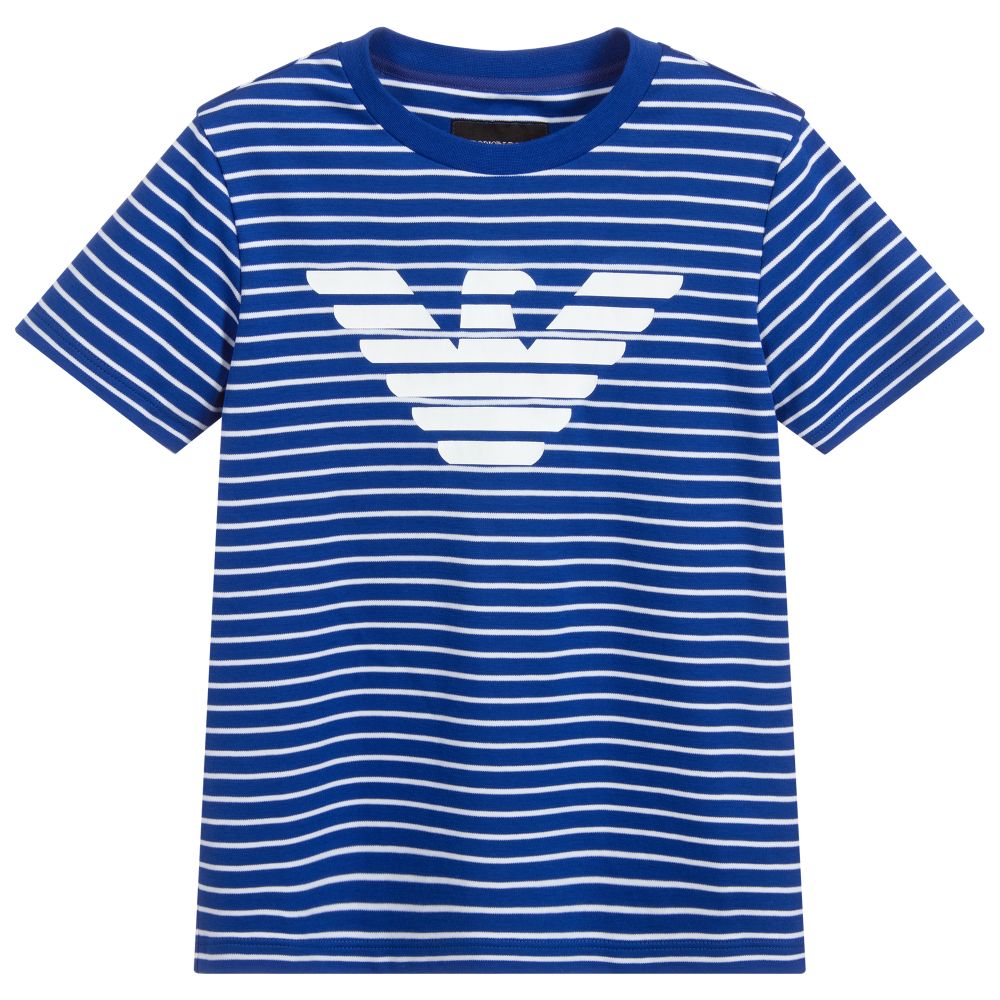 Boys Blue Stripe Logo Cotton T-shirt