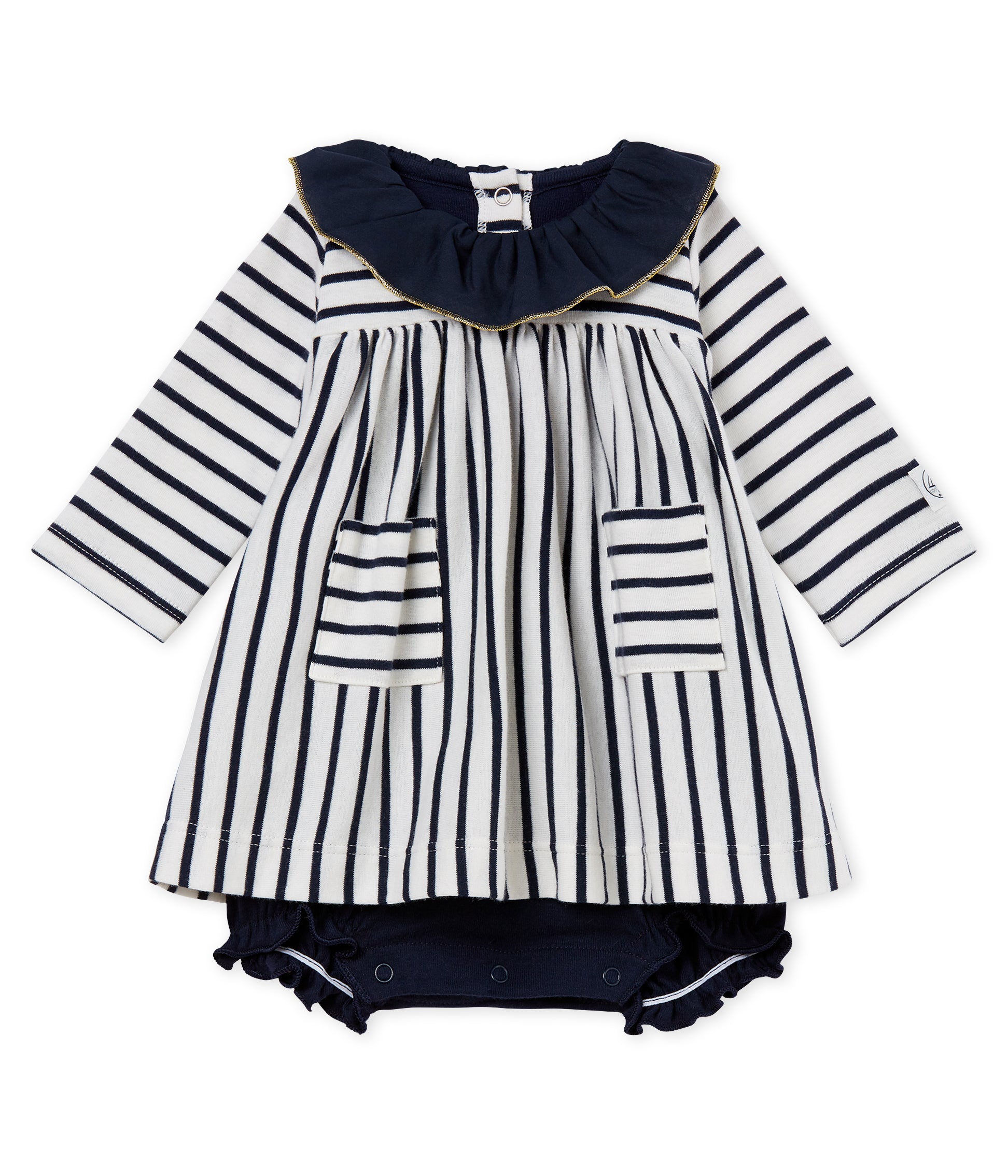 Baby Girls White & Navy Striped Dress