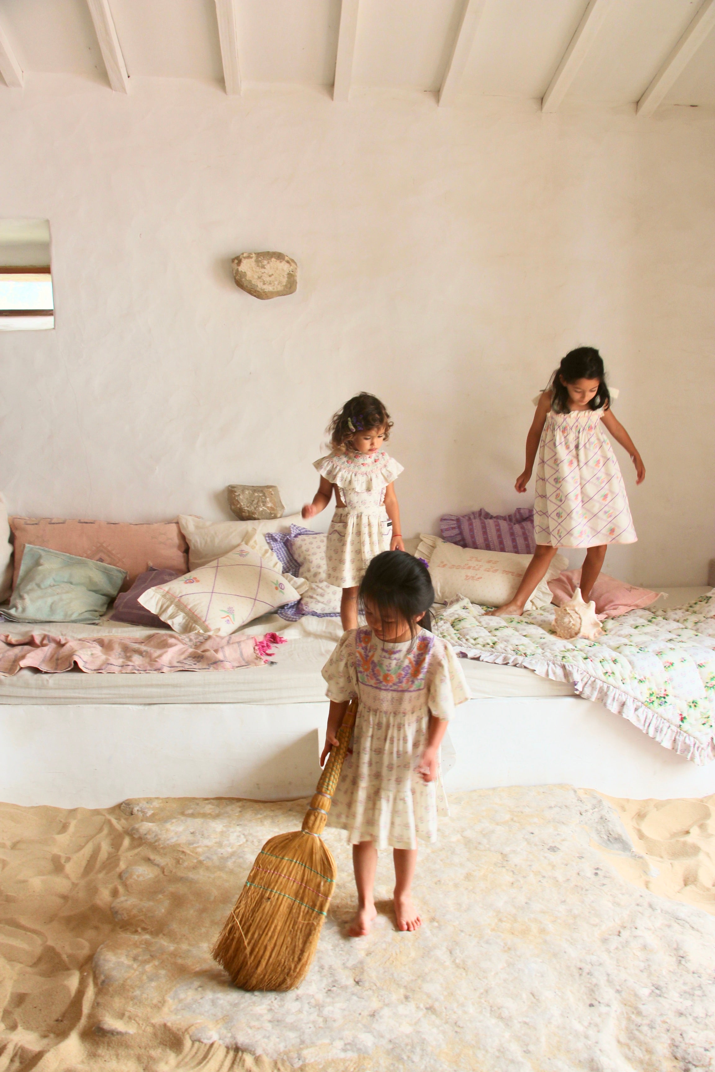 Girls Purple Check Embroidery Dress