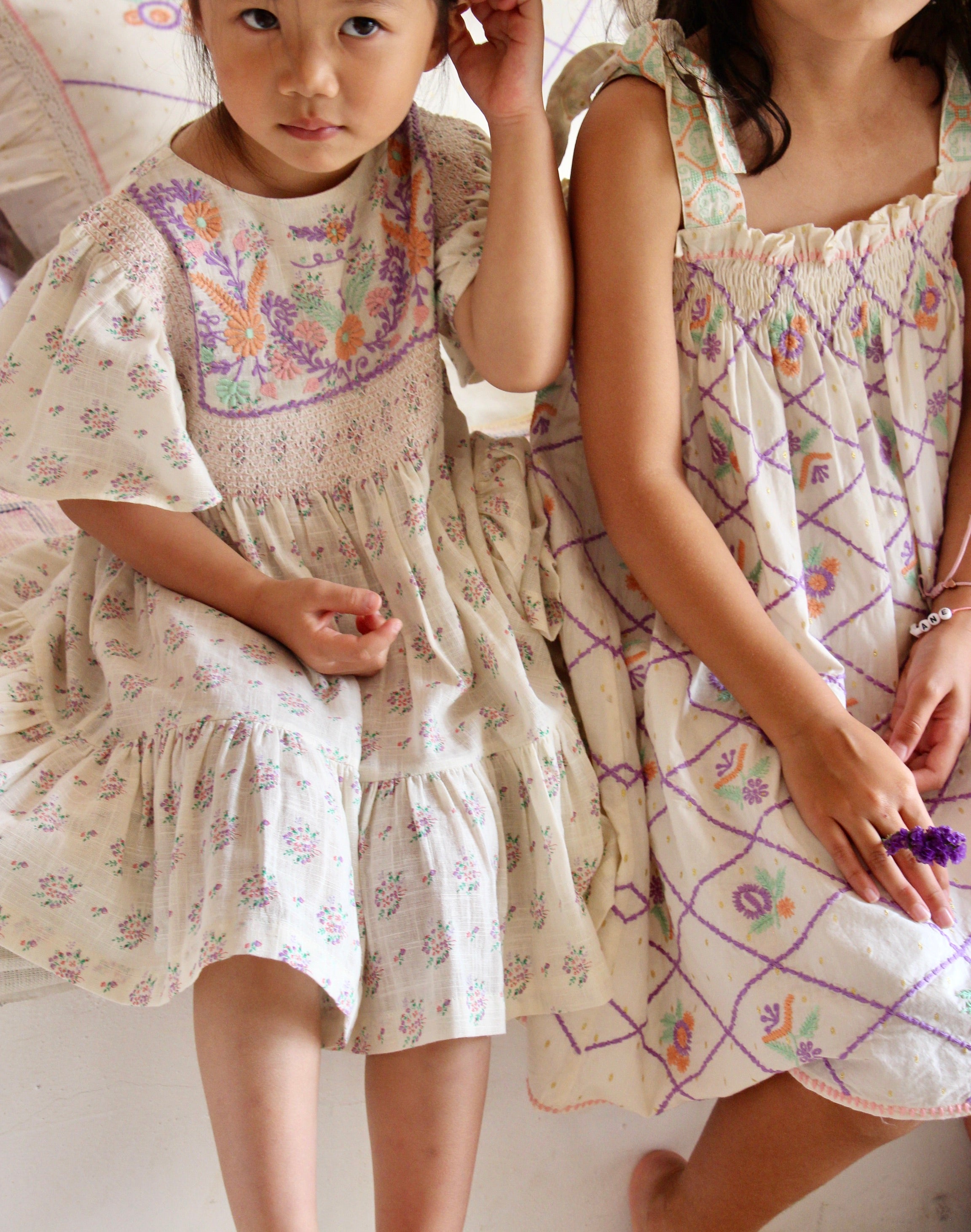 Girls Purple Check Embroidery Dress