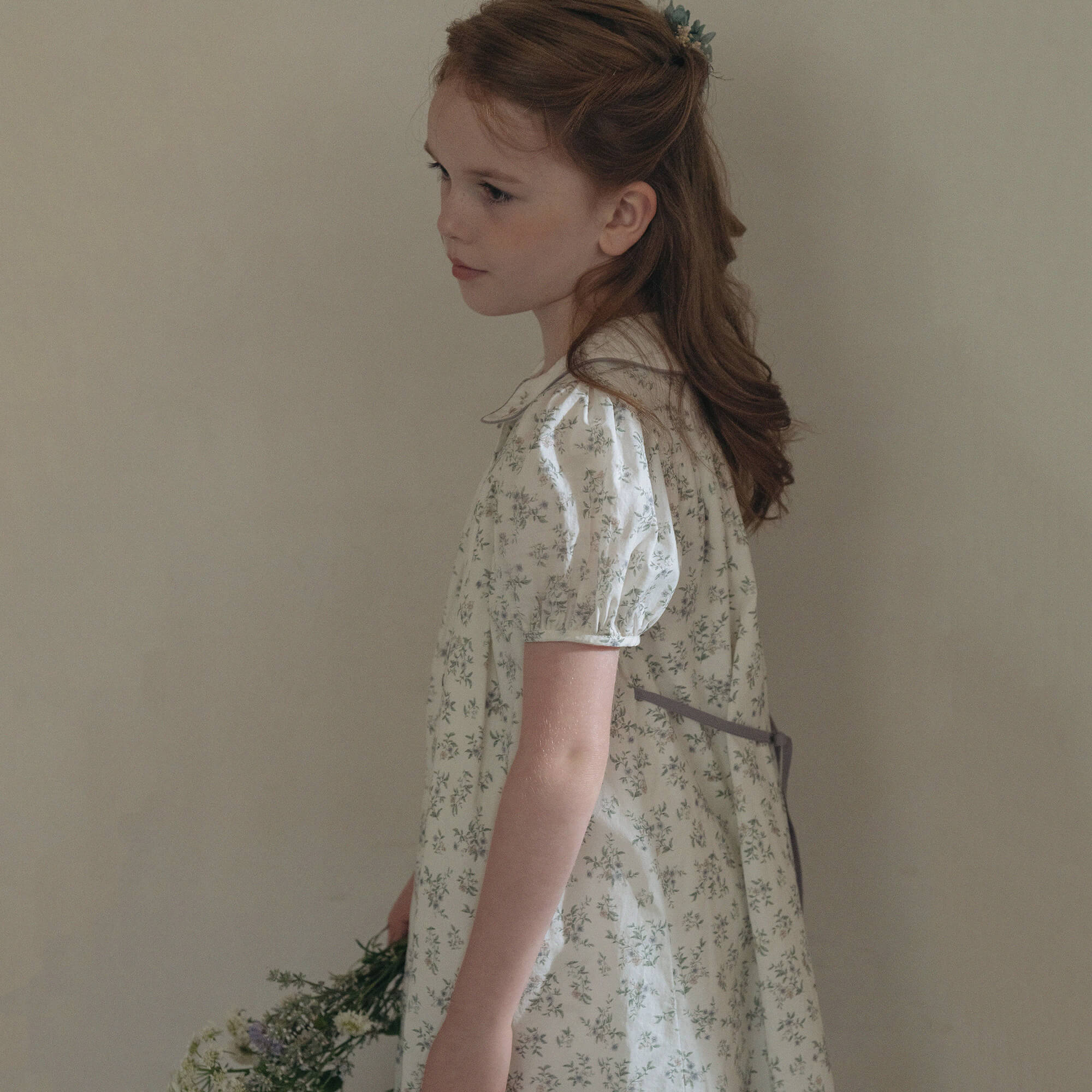 Girls Green Floral Cotton Dress
