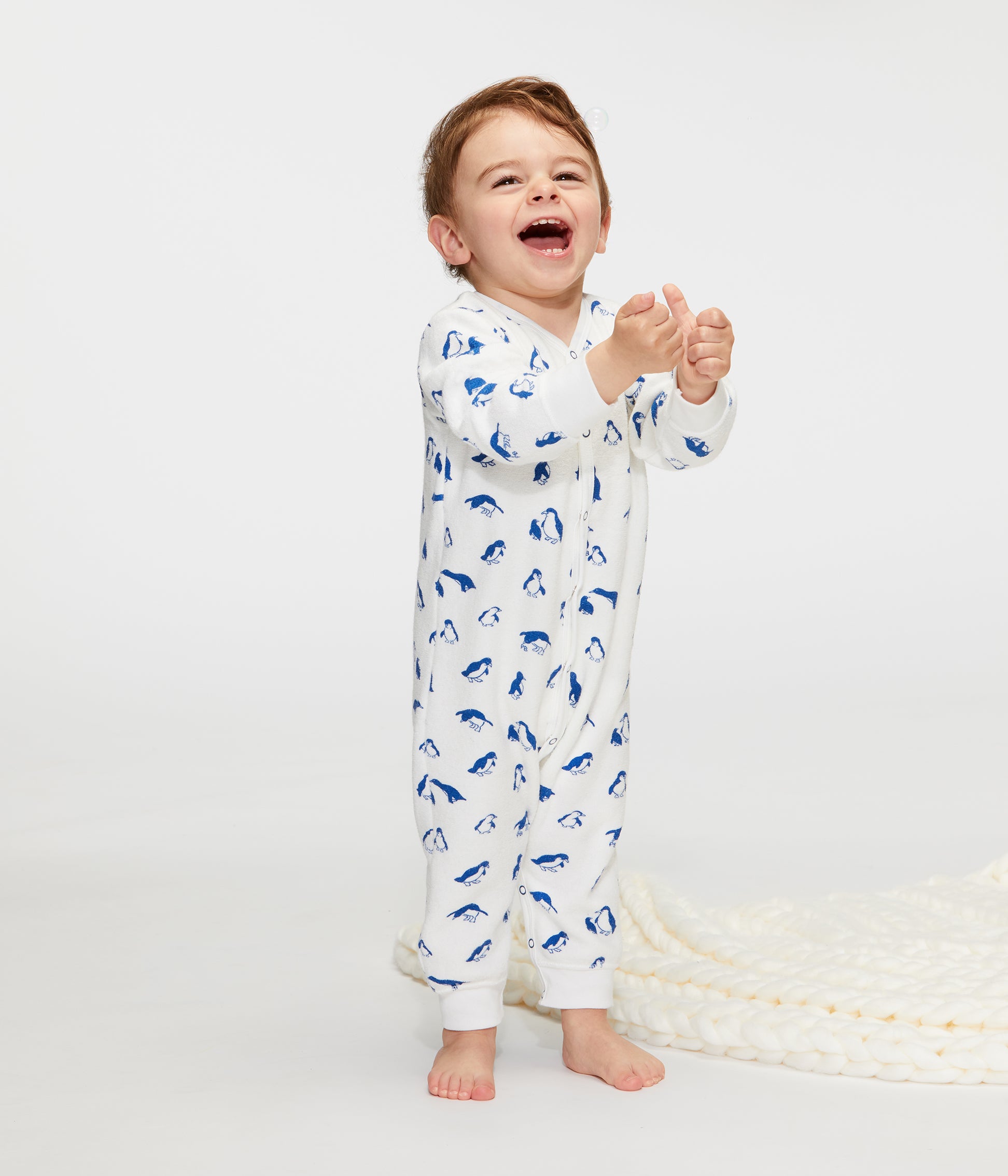 Baby Boys White & Blue Cotton Babysuit