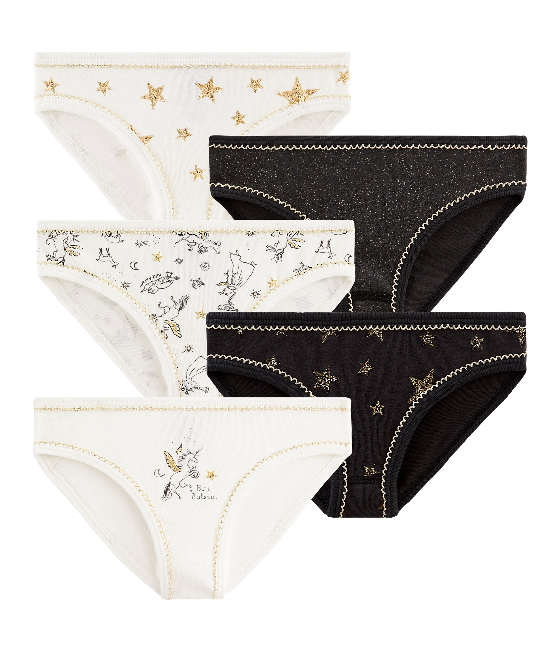 Girls White & Black Cotton Underwear Set (5 Pieces)