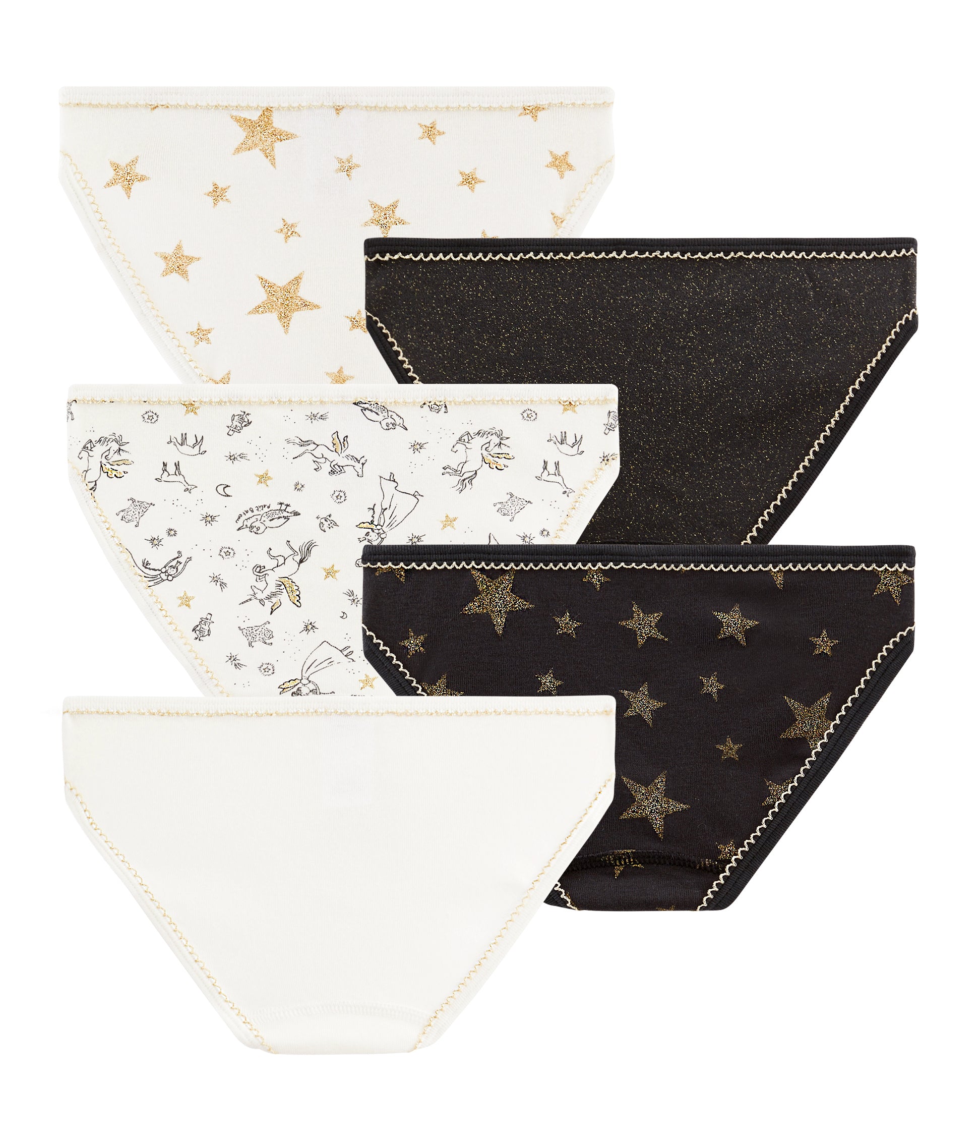 Girls White & Black Cotton Underwear Set (5 Pieces)