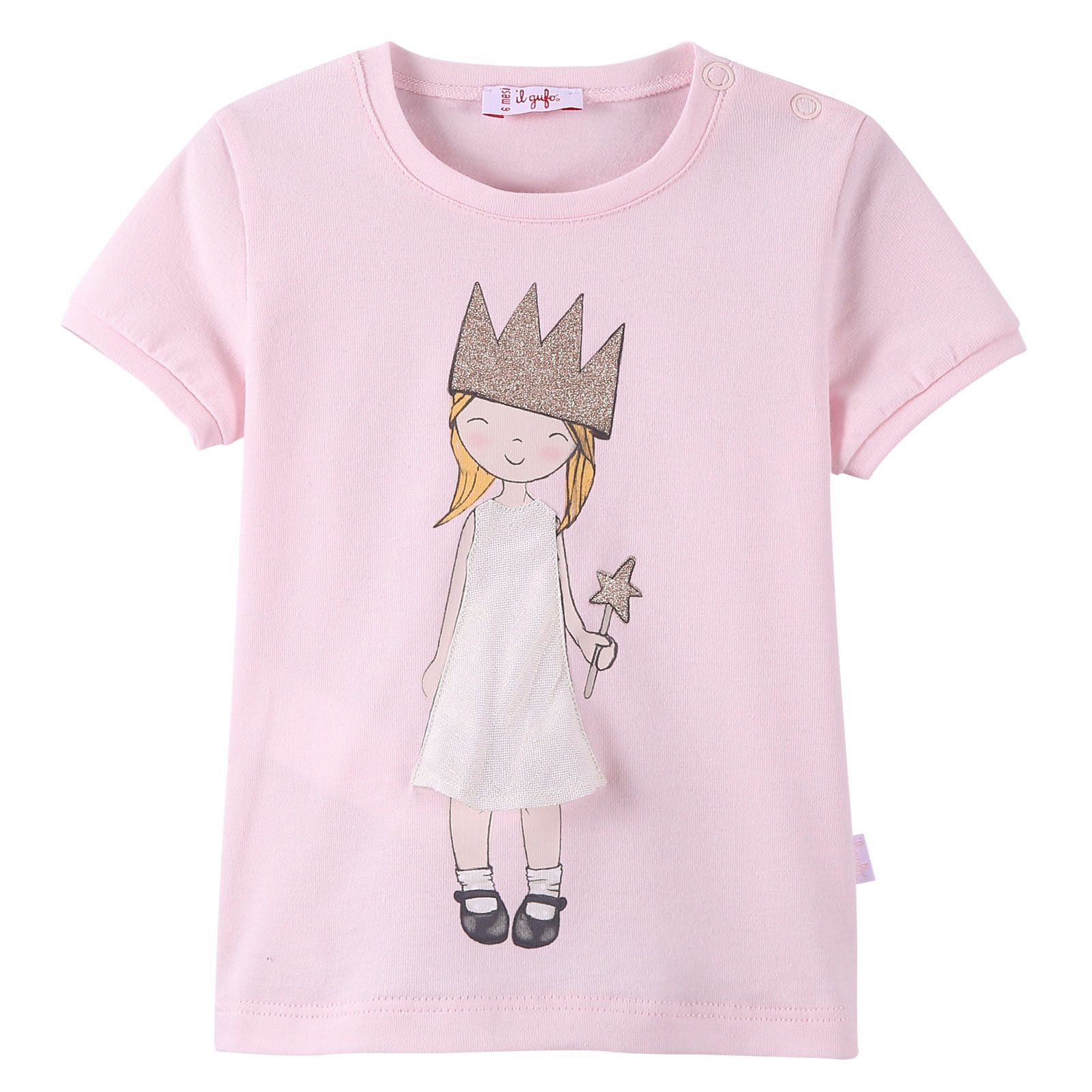 Girls Light Pink Fairy Printed T-Shirt With Ribbed Cuffs - CÉMAROSE | Children's Fashion Store - 1
