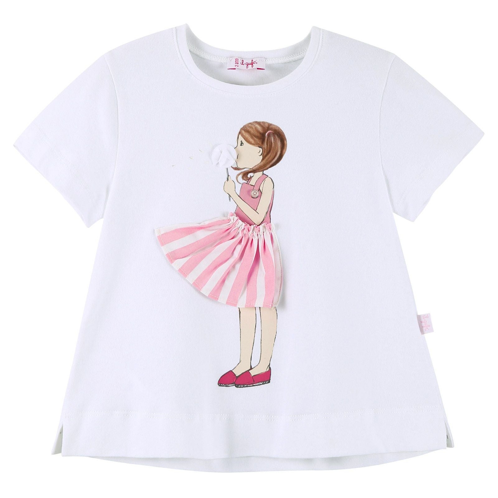 Girls White T-Shirt With Cartoon Print Logo Trims - CÉMAROSE | Children's Fashion Store - 1