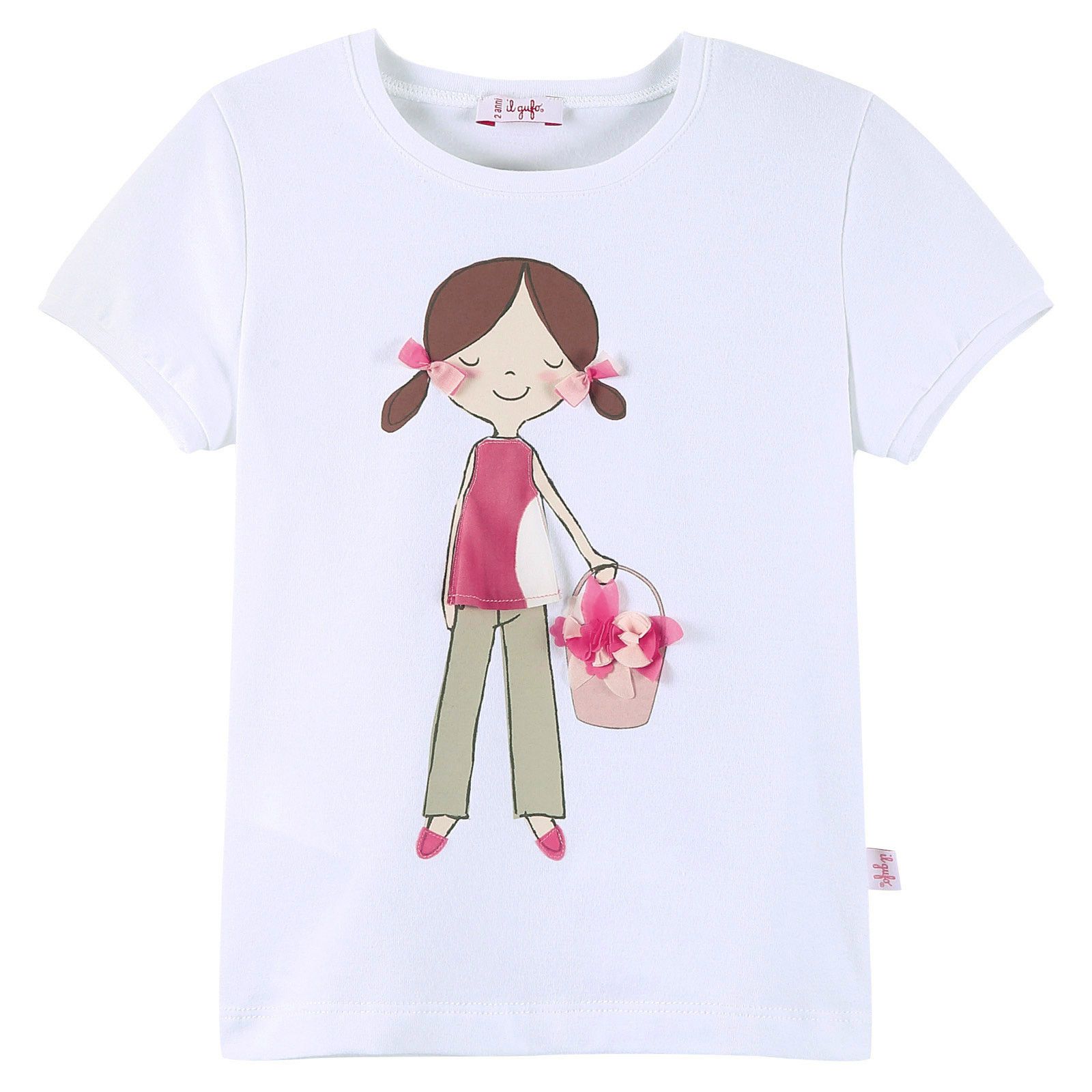 Girls White Cartoon Printed T-Shirt With Red Patch Baskets Trims - CÉMAROSE | Children's Fashion Store - 1