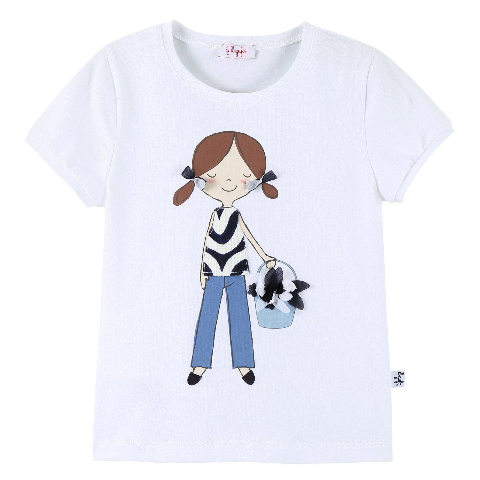 Girls White Cartoon Printed Logo T-Shirt With Blue Patch Baskets Trims - CÉMAROSE | Children's Fashion Store - 1