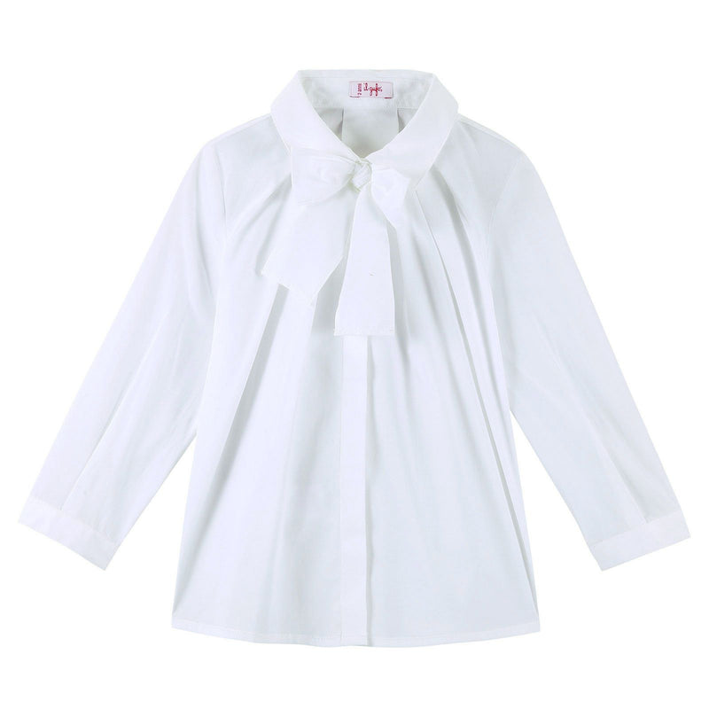 Girls White Cotton Blouse With Bow Tie Trims - CÉMAROSE | Children's Fashion Store - 1