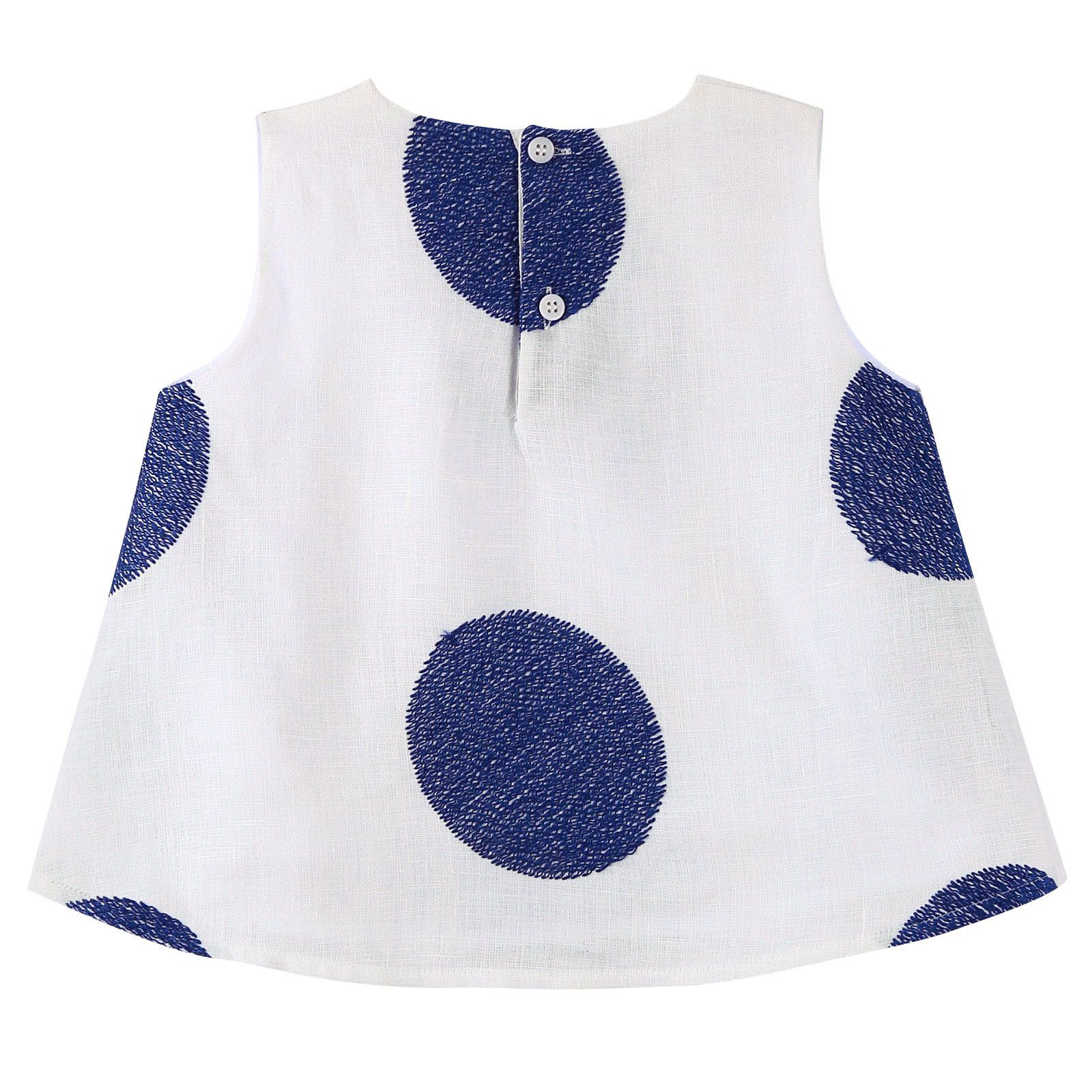 Girls White Linen Sleeveless Blouse With Blue embroidered Trims - CÉMAROSE | Children's Fashion Store - 2