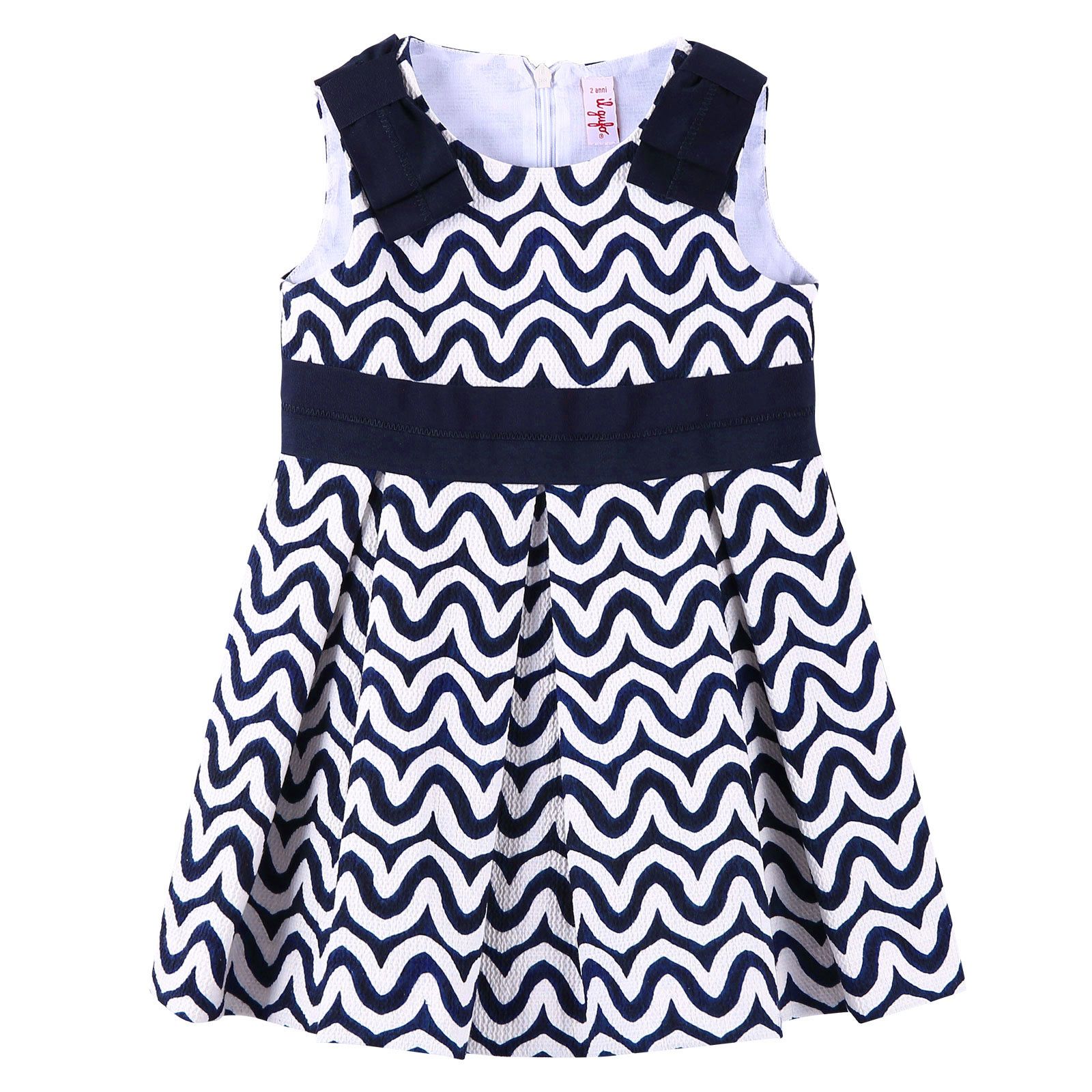 Girls Navy Blue&White Ripple Printed Dress With Black Belt Trims - CÉMAROSE | Children's Fashion Store - 1