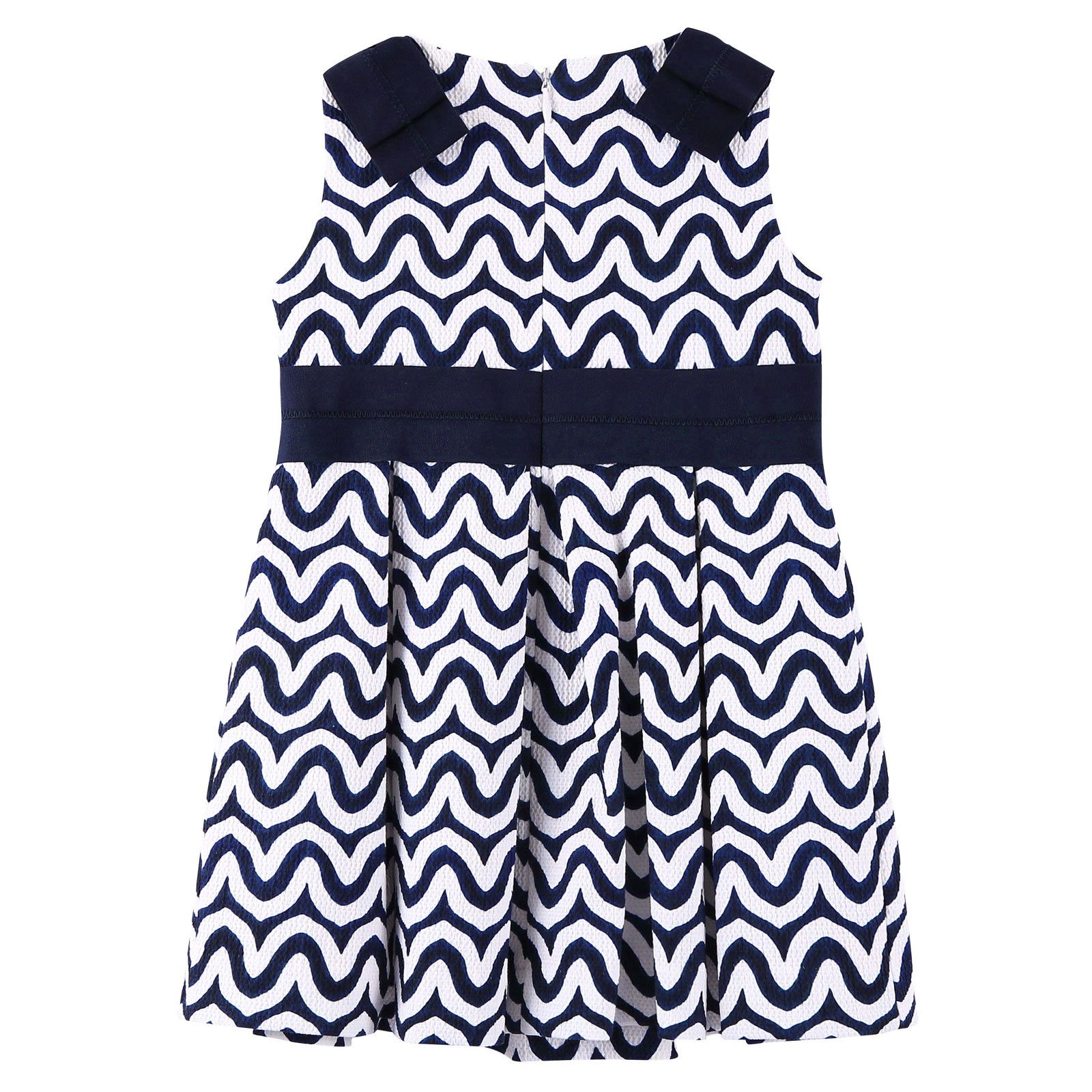Girls Navy Blue&White Ripple Printed Dress With Black Belt Trims - CÉMAROSE | Children's Fashion Store - 2