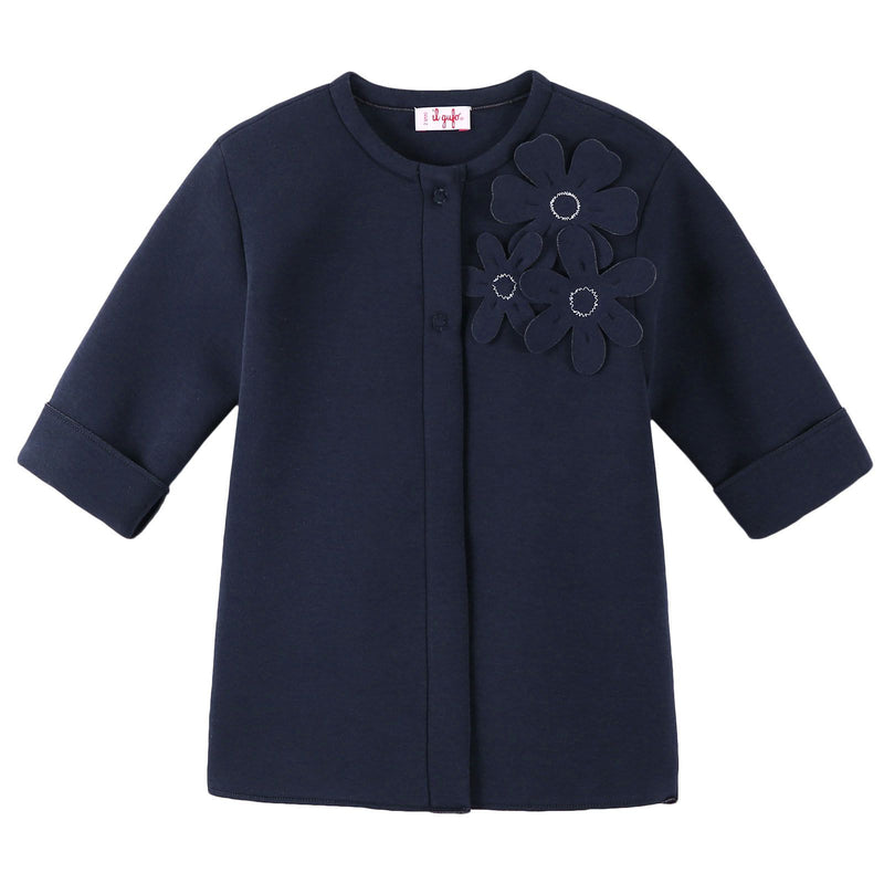 Girls Navy Blue Jacket With Patch Flower Trims - CÉMAROSE | Children's Fashion Store - 1