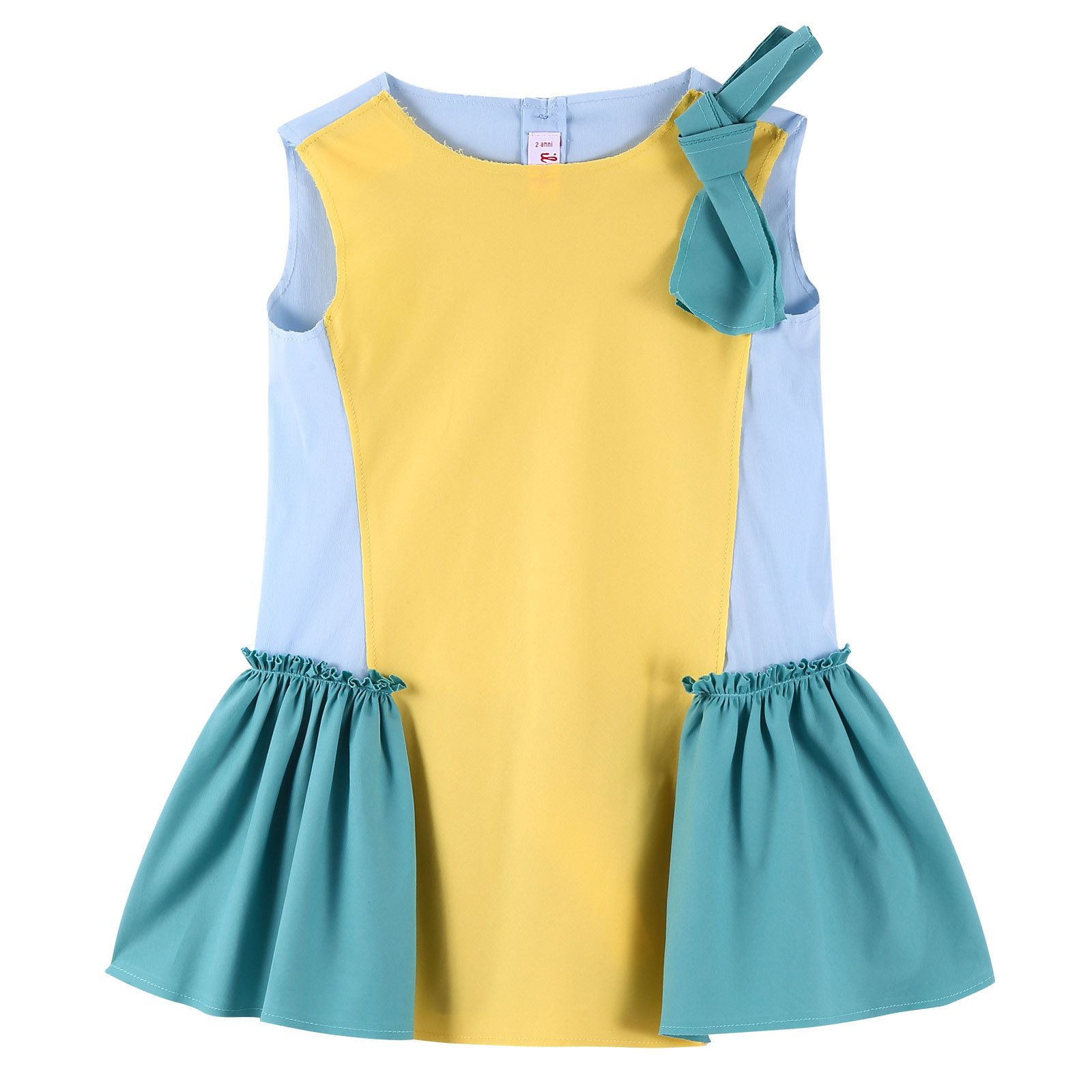 Girls Yellow&Light Blue Cotton Dress With Bow Trims - CÉMAROSE | Children's Fashion Store - 1