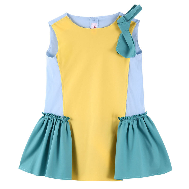 Girls Yellow&Light Blue Cotton Dress With Bow Trims - CÉMAROSE | Children's Fashion Store - 1