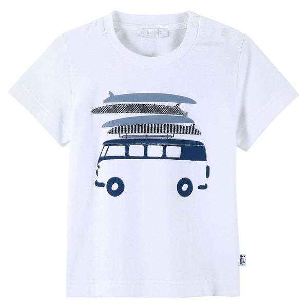 Baby Boys White T-Shirt With Navy Blue Bus Print - CÉMAROSE | Children's Fashion Store - 1