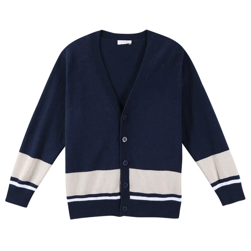 Boys Navy Blue Cotton Knitted Cardigan With Stripe Trims - CÉMAROSE | Children's Fashion Store - 1