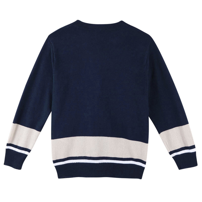 Boys Navy Blue Cotton Knitted Cardigan With Stripe Trims - CÉMAROSE | Children's Fashion Store - 2