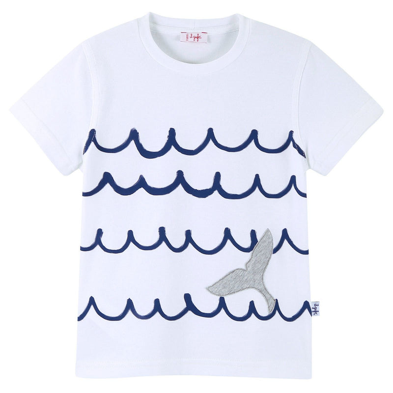 Boys White T-Shirt With Navy Blue Ripple Print - CÉMAROSE | Children's Fashion Store - 1