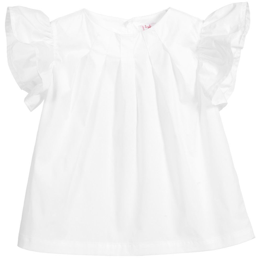 Girls White Cotton Shirt With Lotus Leaf Sleeve - CÉMAROSE | Children's Fashion Store - 1