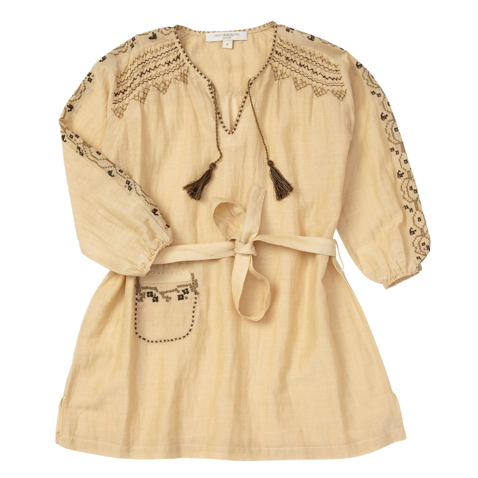 Girls Beige Dress With Khaki Embroidered Trims - CÉMAROSE | Children's Fashion Store