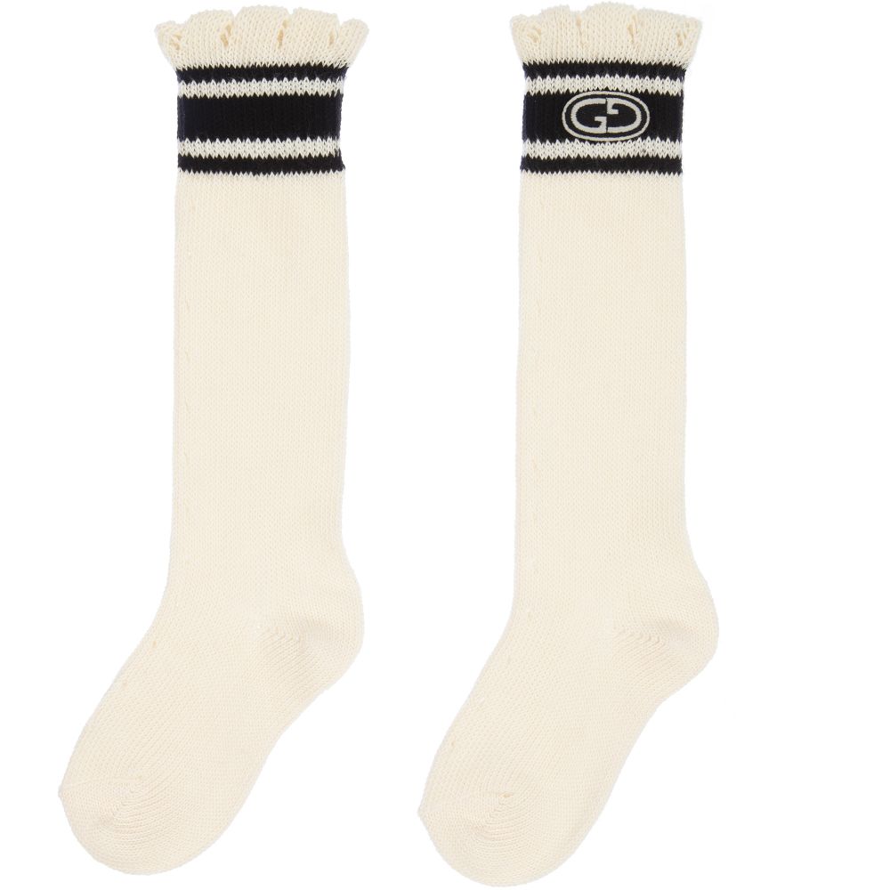 Girls White GG Cotton Long Socks