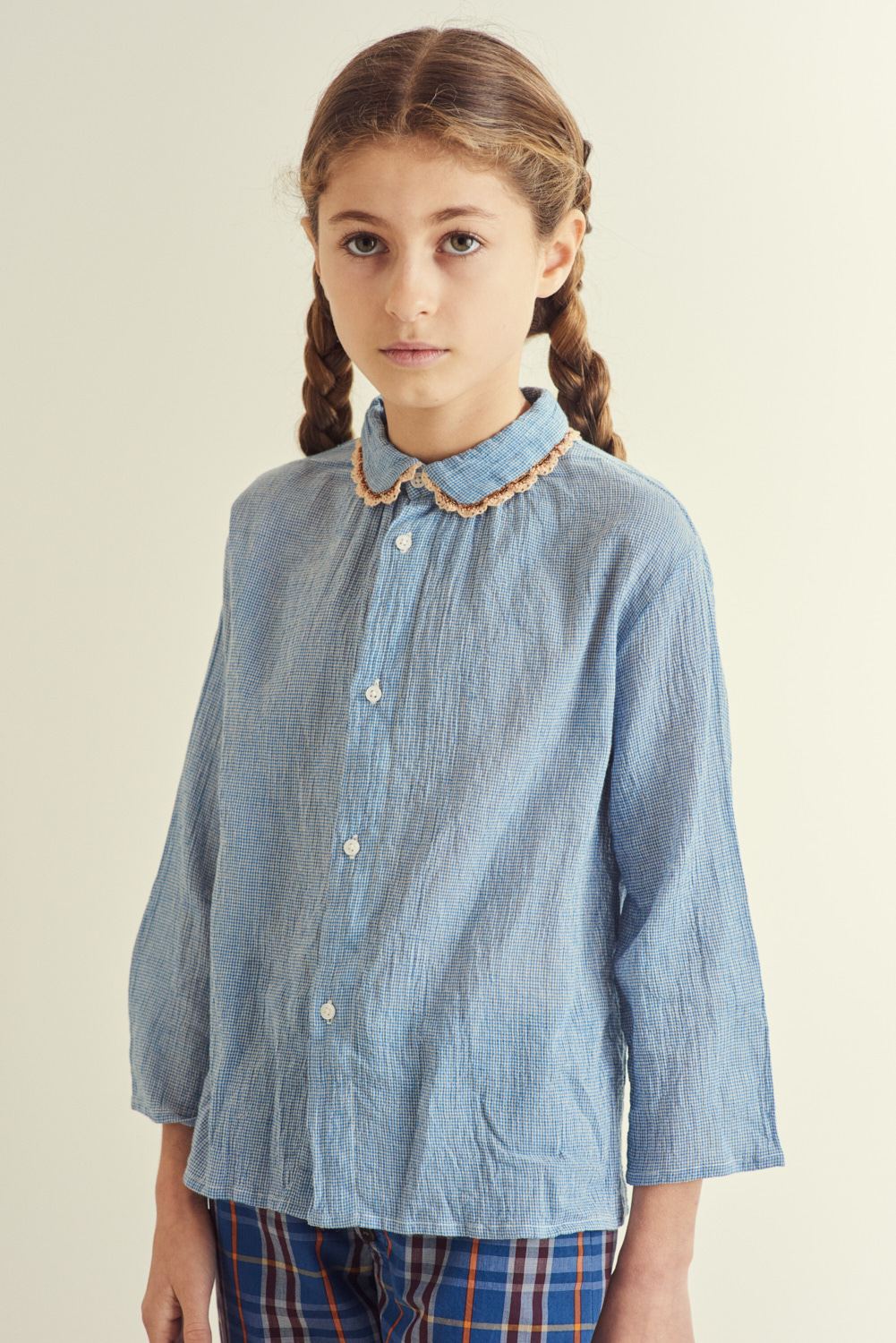 Chemise en coton à carreaux bleue pour fille