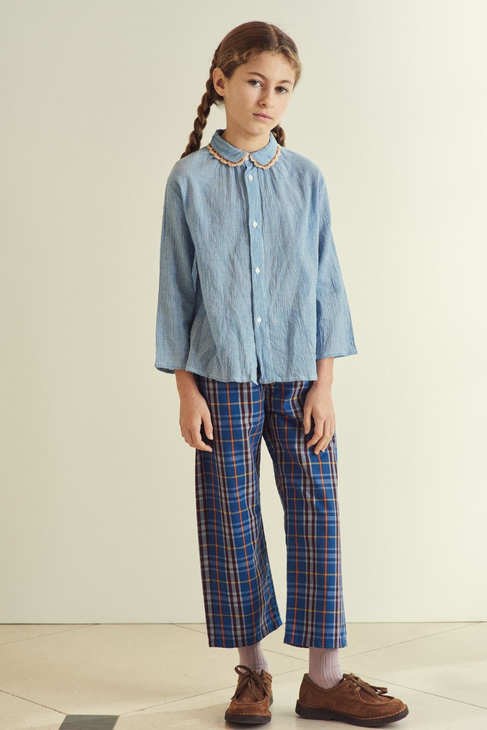 Chemise en coton à carreaux bleue pour fille