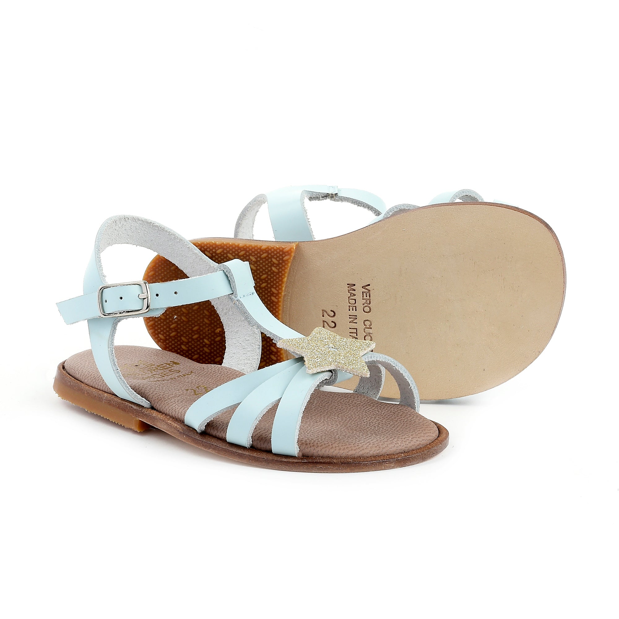 Girls Light Blue Glitter Leather Sandals