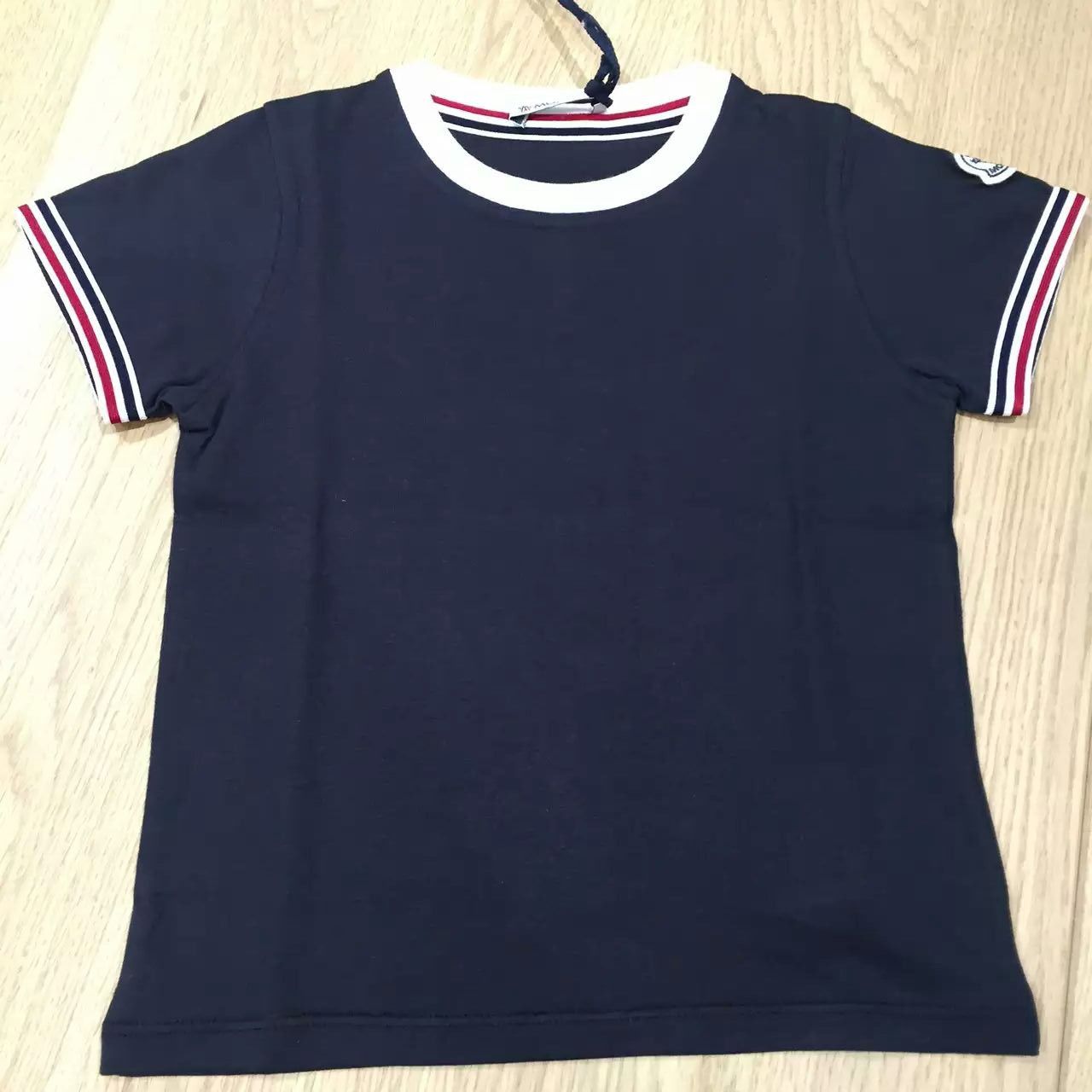 Baby Navy Blue Cotton T-Shirt With Stripe Cuffs - CÉMAROSE | Children's Fashion Store
