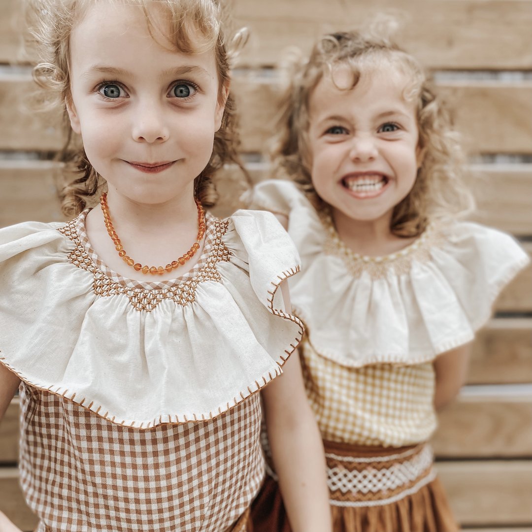 Girls Brown Check Ruffle Cotton Blouse
