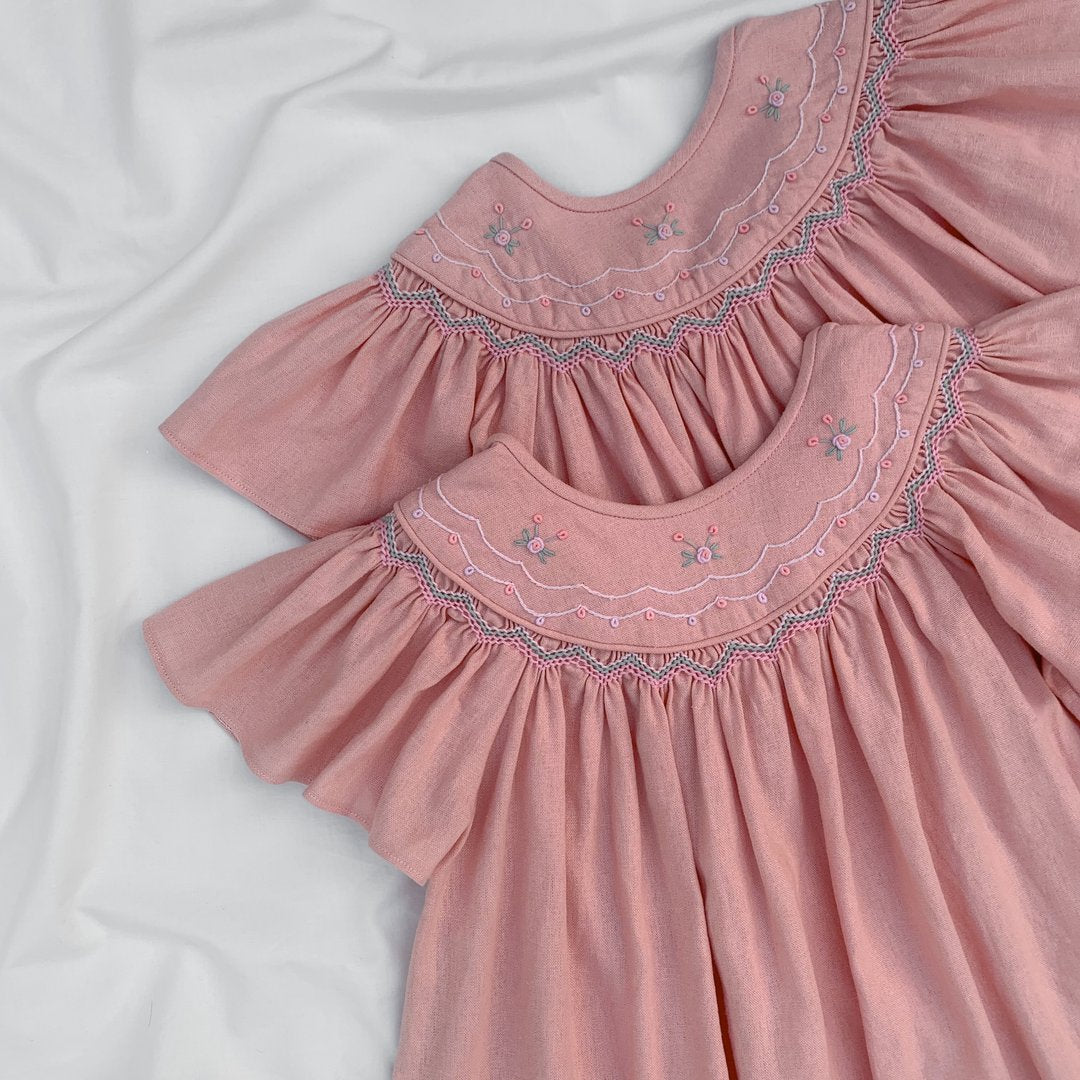 Girls Pink Embroidered Linen Dress