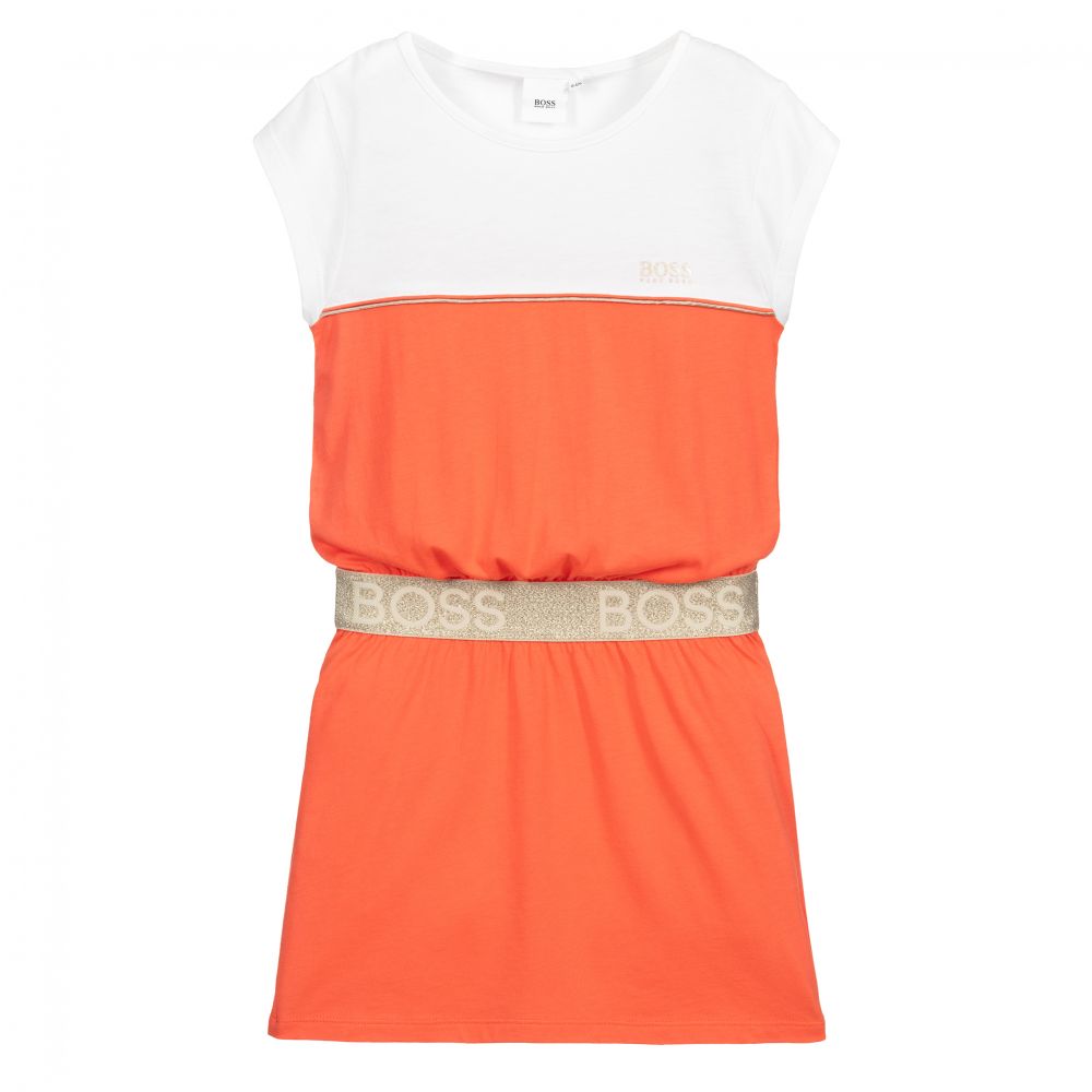 Girls White & Orange Logo Dress