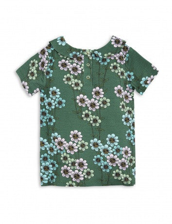 Girls Dark Green Flowers Printed T-shirt