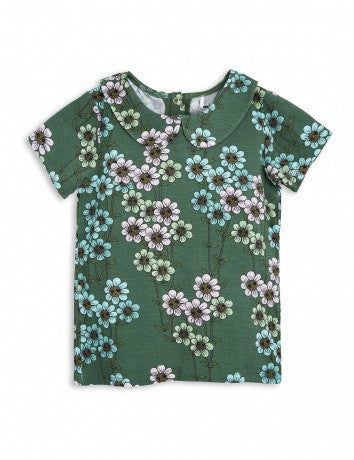 Girls Dark Green Flowers Printed T-shirt