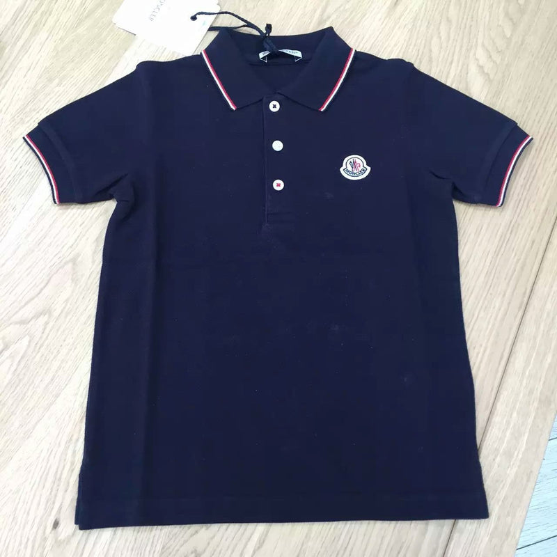 Boys Navy Blue Cotton Logo Polo Shirt With Striped Trims Collar - CÉMAROSE | Children's Fashion Store