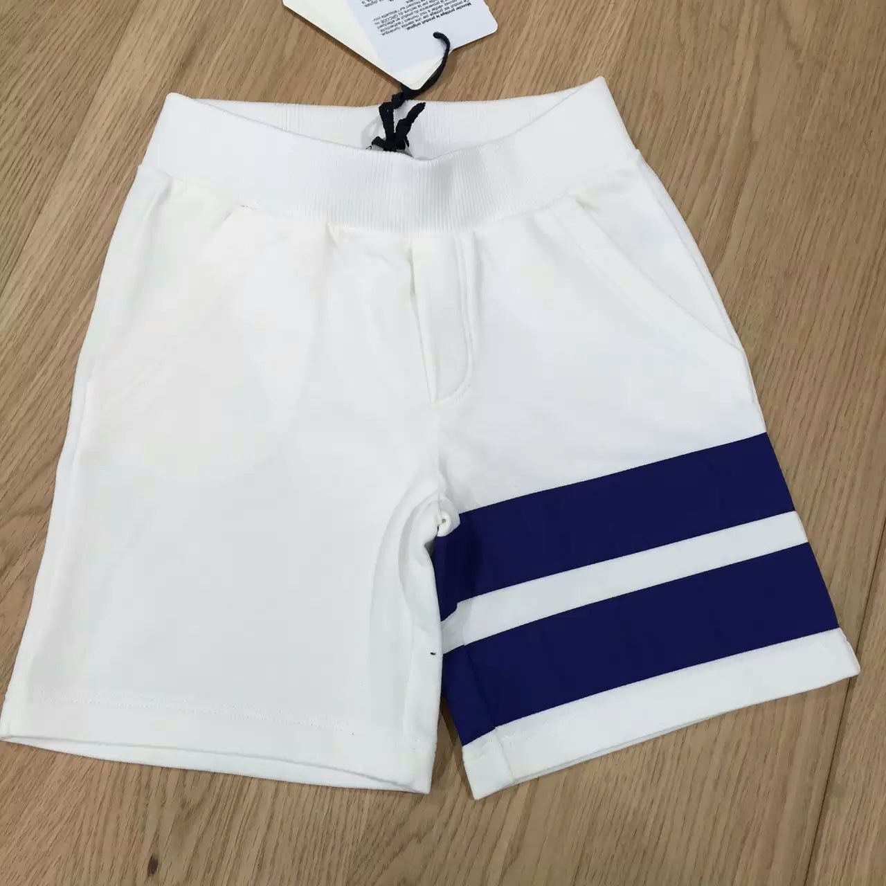 Boys White Cotton Short With Blue Striped Trims - CÉMAROSE | Children's Fashion Store