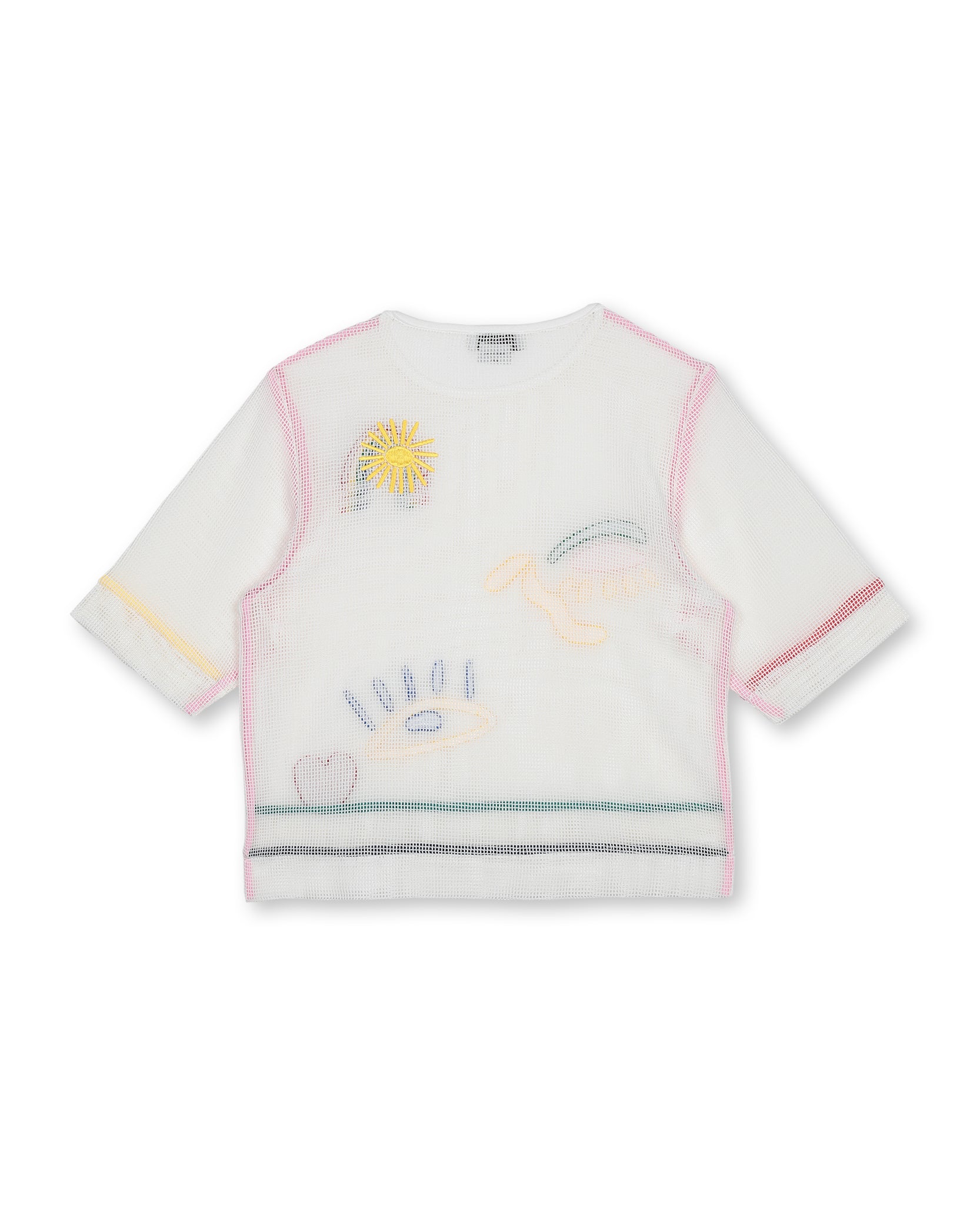 Girls White Mesh Embroidered Cotton T-shirt