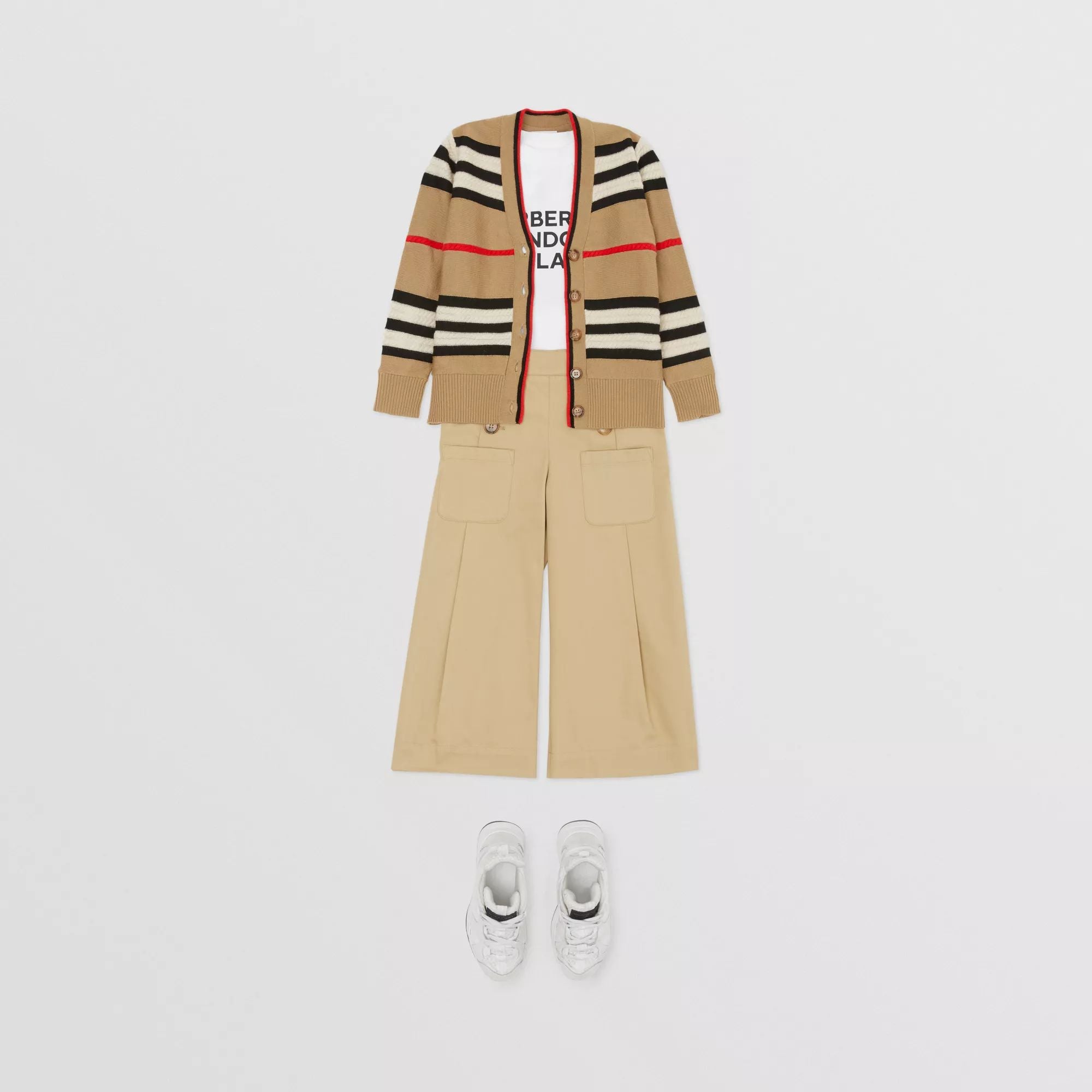 Girls Beige Stripes Wool Cardigan