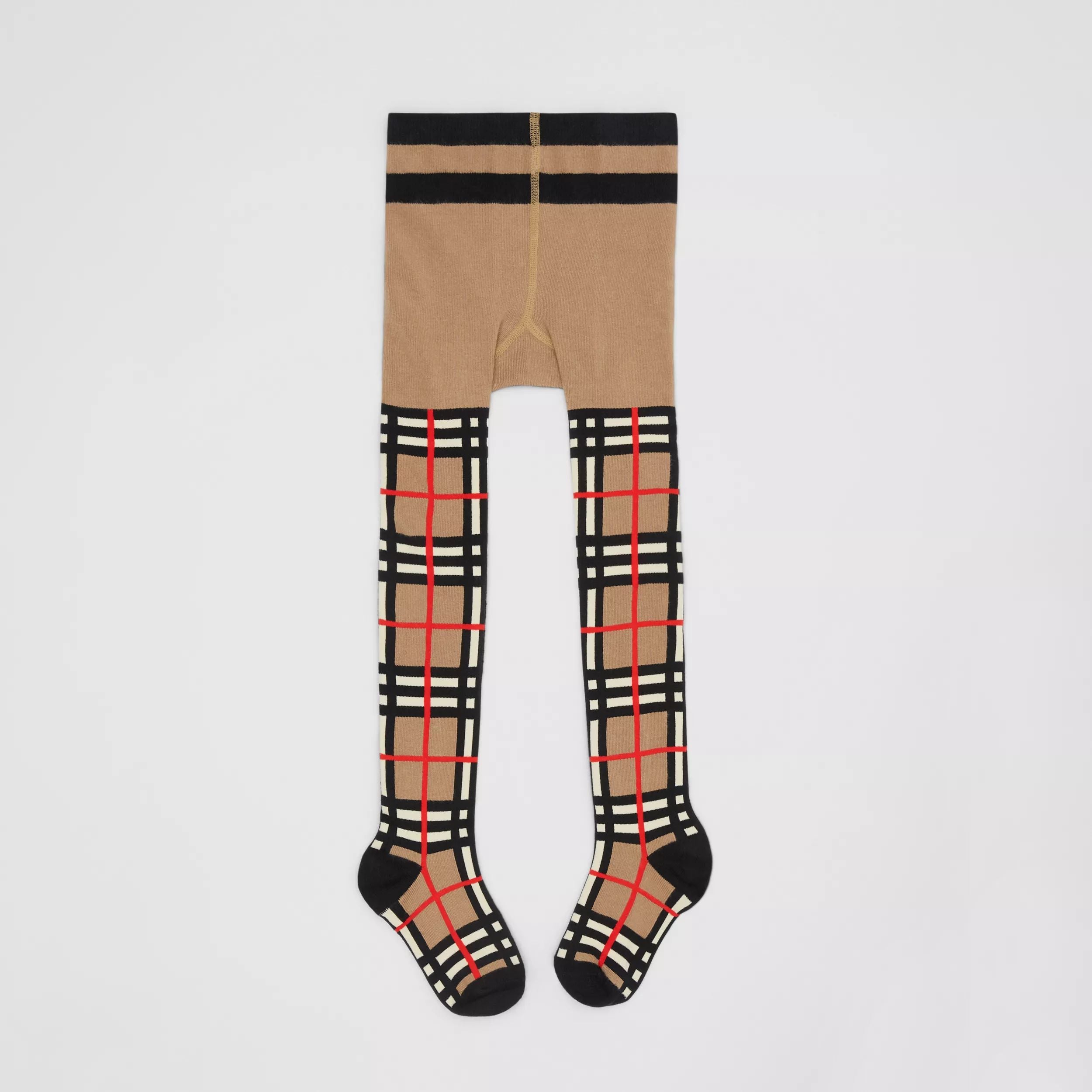 Girls Beige Check Cotton Tights