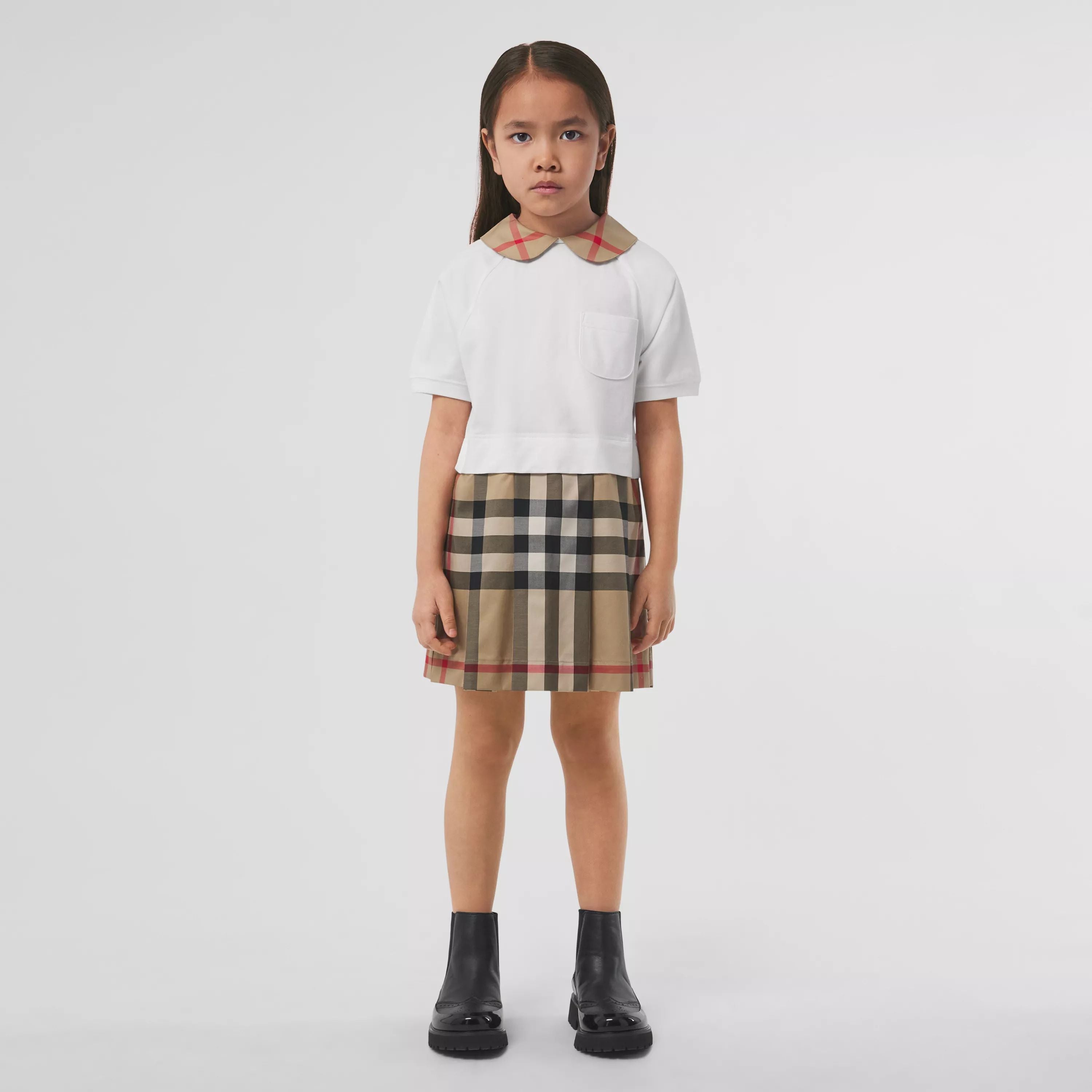 Girls White & Beige Check Cotton Dress