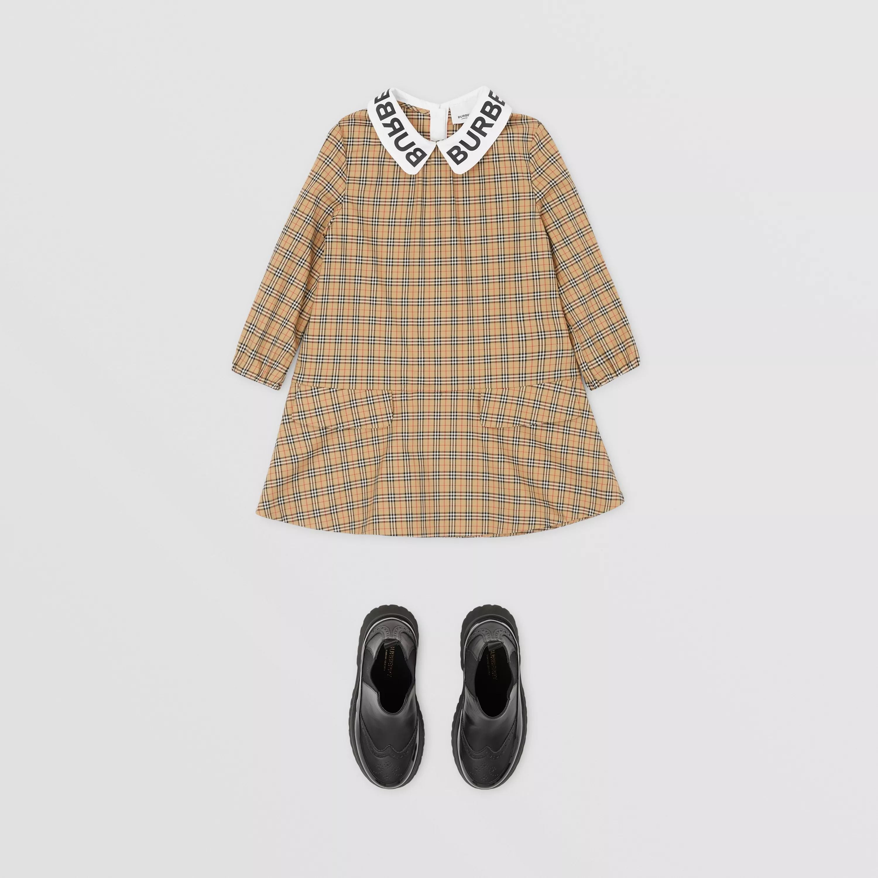 Girls Beige Check Cotton Dress