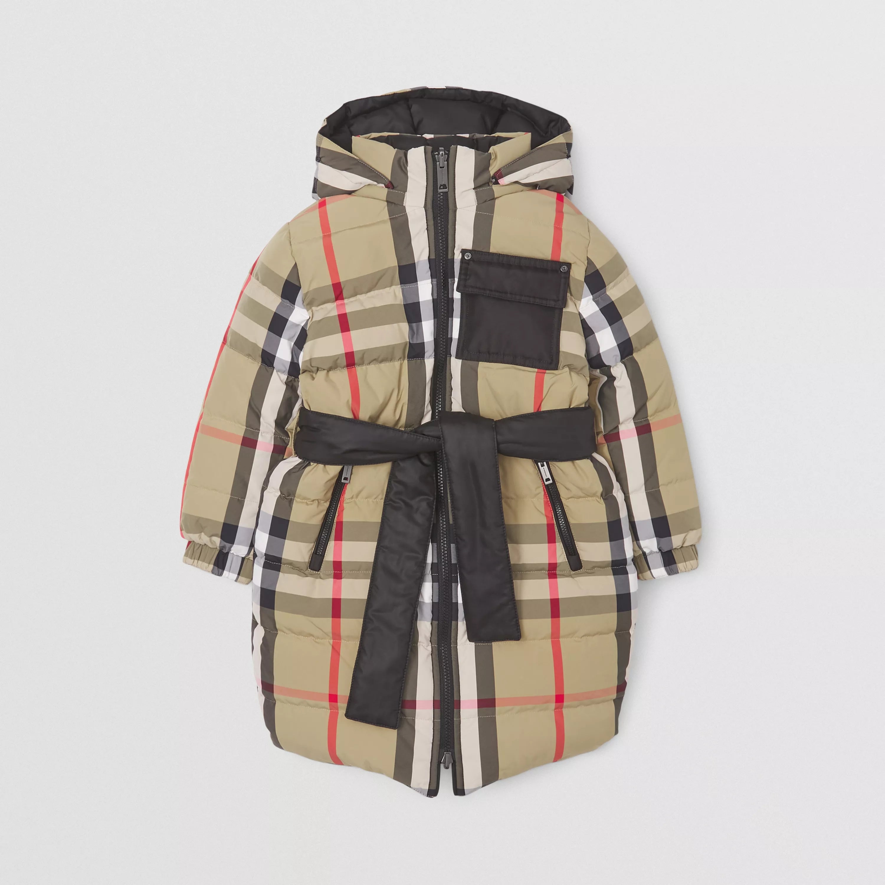 Girls Beige Check Padded Down Reversible Coat