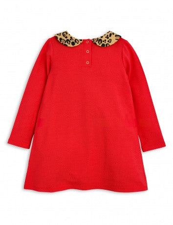 Girls Red Cotton Dress With Leopard Print Collar