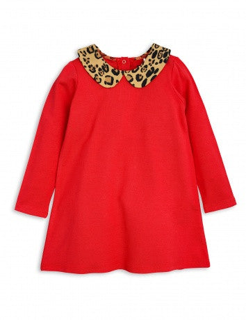 Girls Red Cotton Dress With Leopard Print Collar